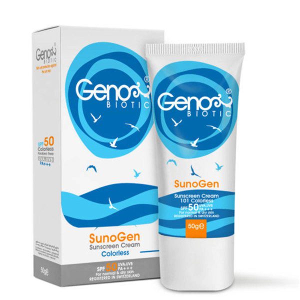 کرم ضد آفتاب بی رنگ پوست خشک و معمولی SPF50 ژنوبایوتیک Geno biotic حجم 50 میلی لیتر ـ S UNSCREEN CREAM FOR NORMAL AND DRY SKIN SPF 50 GENO ـ ژنوبایوتیک