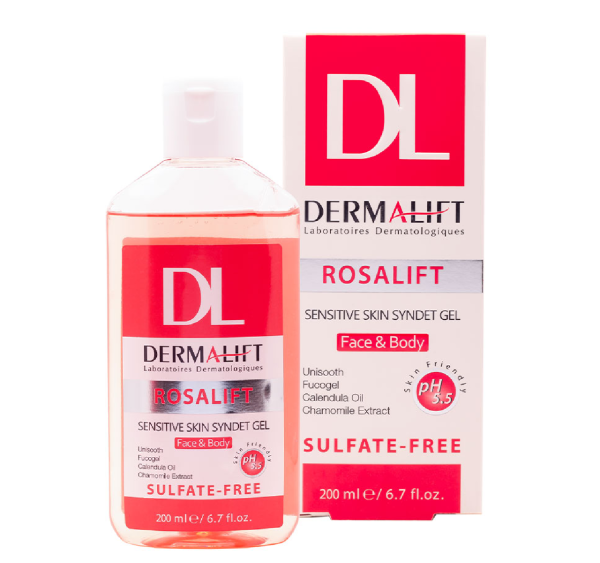 ژل شستشو مناسب پوست های حساس سیندت ژل رزالیفت 200میل درمالیفت-Dermalift Rosalift Syndet Gel For Sensitive Skin Face And Body 200ml