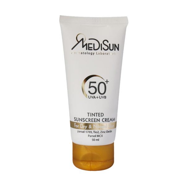 کرم ضد آفتاب رنگی SPF50 مدیسان مناسب پوست معمولی و خشک ۵۰ میلی لیتر