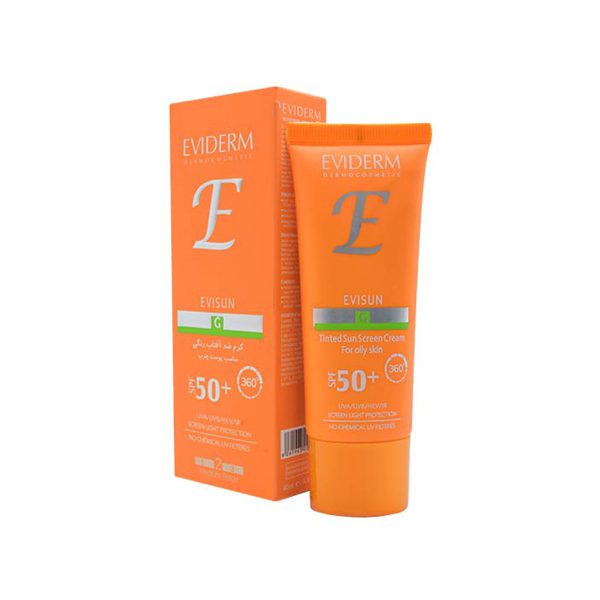 کرم ضدآفتاب SPF50 اوی سان اویدرم بژ روشن پوست چرب ـ Eviderm evisun tinted sun sunscreen cream for oily skin ـ اویدرم